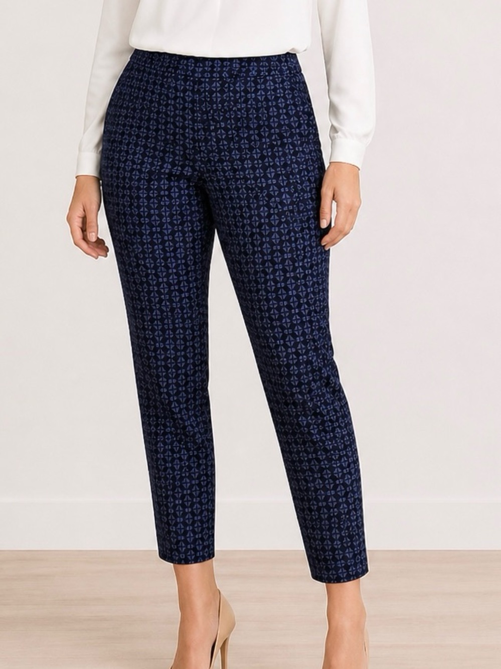Susan Graver Weekend Pull On Ankle Pants 1XT Blue Geometric‎ Stretch Career QVC